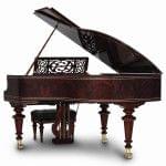 Imagen piano de cola BÖSENDORFER modelo especial Liszt con banqueta vista posterior acabados madera sequoia, vavona polyester