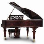 Imagen piano de cola BÖSENDORFER model especial Liszt con banqueta vista posterior acabados madera sequoia, vavona polyester