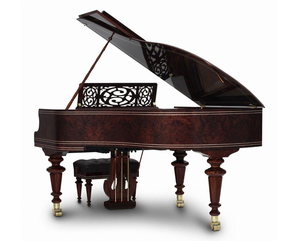 Imagen piano de cola BÖSENDORFER model especial Liszt con banqueta vista posterior acabados madera sequoia, vavona polyester